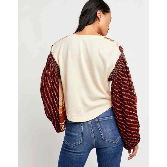 Free People Light Magic Henley Top Sz Medium Cream Combo Balloon Floral Sleeves - Picture 3 of 3